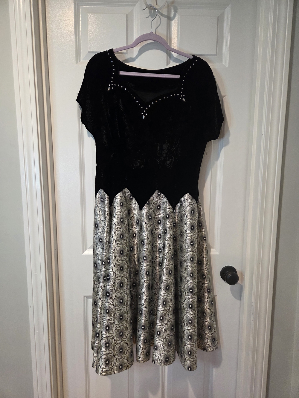 Black Velvet & Silver Patterned Fit-and-Flare Dress